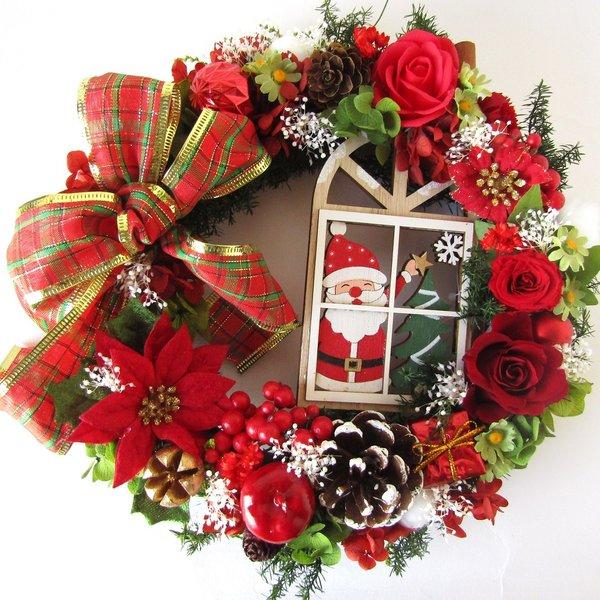 サンタさんからプレゼント♪赤いバラとポインセチアのクリスマスリース　インテリア　フラワーギフト