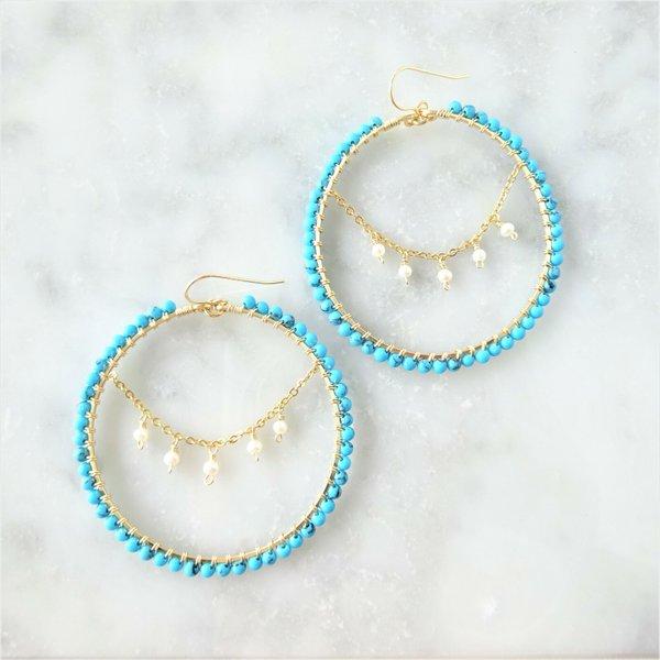 14kgf Turquoise Freshwater pearl chandelier wrapped pierce/earring フープピアス