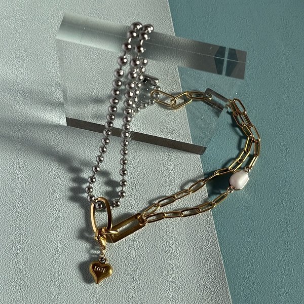 ［2way］ silver×gold  necklace［GSN076］ミックスカラー　取り外しチャーム　ハート　ステンレス　チェーンネックレス　ボールチェーン　個性的　淡水パール