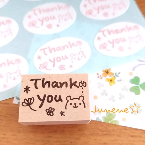 Thank you楕円シールはんこ(小花とくま)