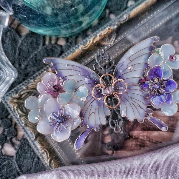 （6cm金具）紫のアネモネと蝶のバレッタ（hair ornaments of  butterfly〜Rainy anemone〜）
