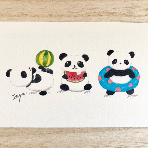 🐼透明水彩画「パンダの夏休み」イラストポストカード　２枚セット  暑中見舞い 残暑見舞い スイカ マリン　癒し 🐼