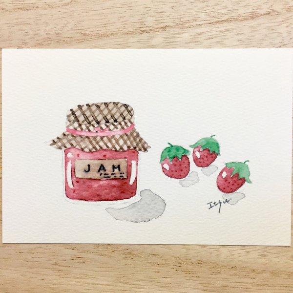 🍓透明水彩画「いちごジャム」北欧イラストポストカード2枚セット フルーツ イチゴ　キッチン🍓