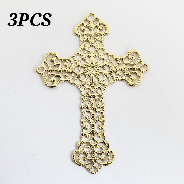 3個 十字架 クロス 透かし フィリグリー チャーム パーツ/ゴールド：メッキ無し（C2-395） 宗教  ゴシック 
