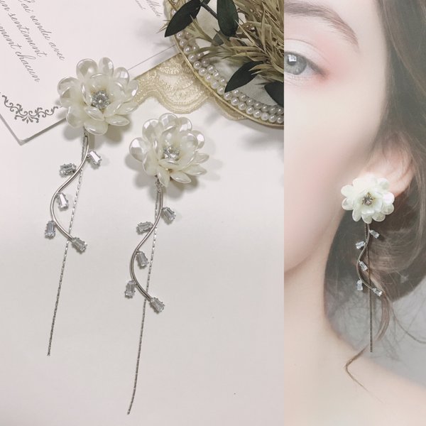 Flowerパール シルバー ロングピアス イヤリング