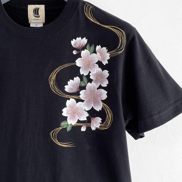 手描き波桜柄Tシャツ　ブラック 夜桜 波文様 和風 春