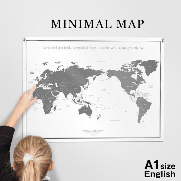 065【NEW】おおきな世界地図ポスター / 英語のみ表記 / 白×グレー A1サイズ / ミニマルマップ