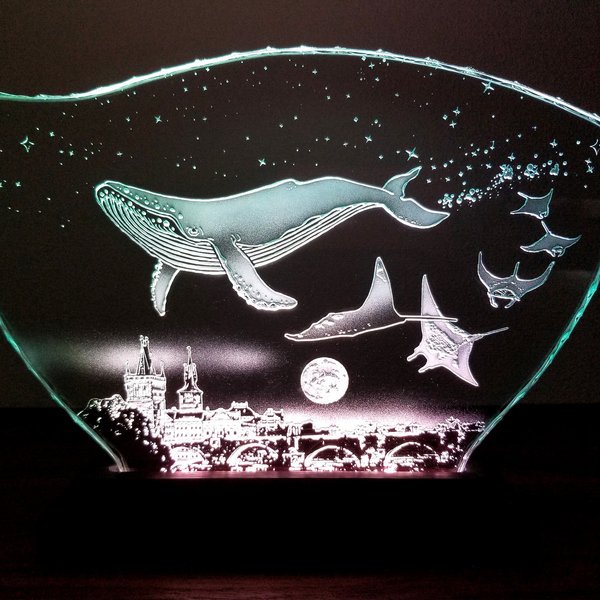 星降る夜・クジラ・マンタ/プラハ　ガラスエッチングパネル Lサイズ・LEDスタンドセット 