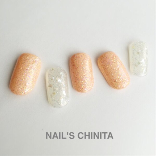 pastel orange×glitter×shell gelnail♡/パステルオレンジ/シェル/グリッター/ネイル