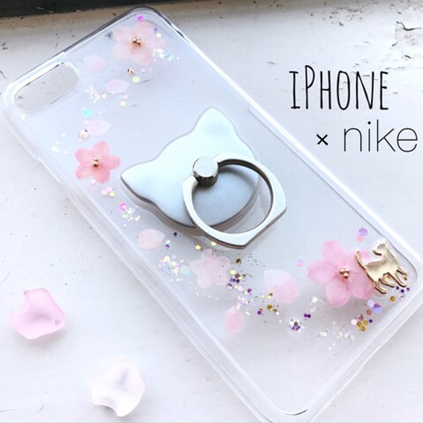 *Spring Night*~桜舞う iPhoneケース iPhone14 シリーズ ねこ 押し花風 春 猫 スマホケース Android