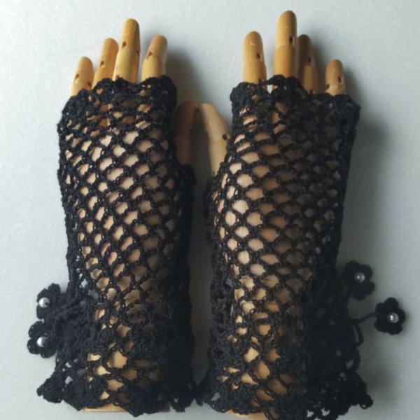 ２０番レース・ネット編み・ハンドウォーマー(黒)手袋*手編み