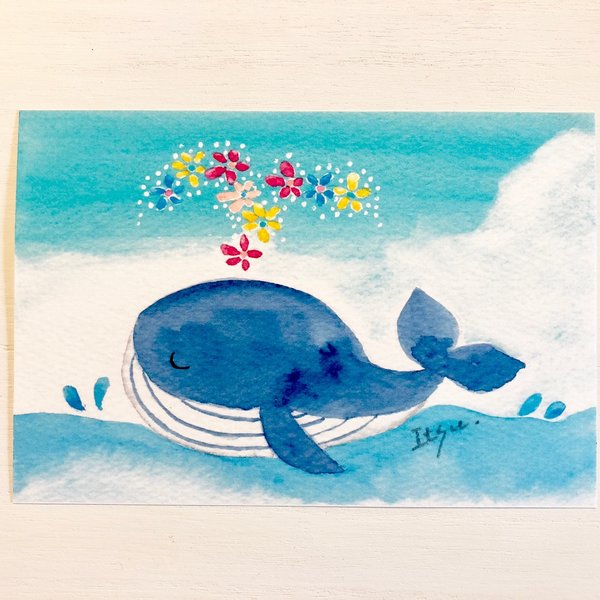 🐳透明水彩画「のんびりクジラ」イラストポストカード２枚セット  暑中見舞い くじら 夏 マリン　海　残暑見舞い　癒し🐳