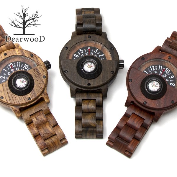 木の腕時計 ウッドウォッチ DearwooD ディアウッド ウッドベルト 木の時計 腕時計 木製 木工 時計 ディスク式 コンパス 方位磁針 メンズ 男性用