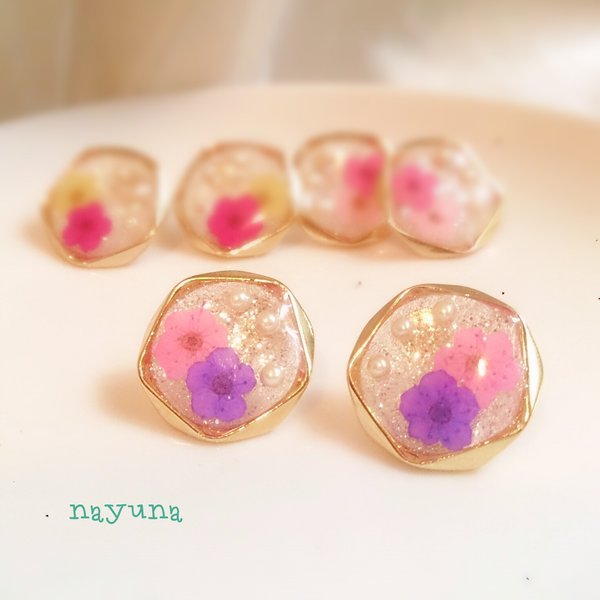 押し花ピアス☆ピンク×パープル☆