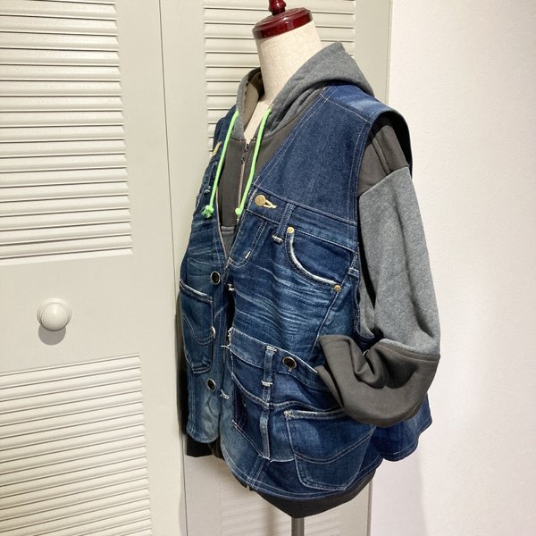 FISHING DENIM VEST ▶︎ベスト・オーバーオール・つなぎ・デニム・ジャケット・フィッシング・ハンティング・ワーク・キャンプ