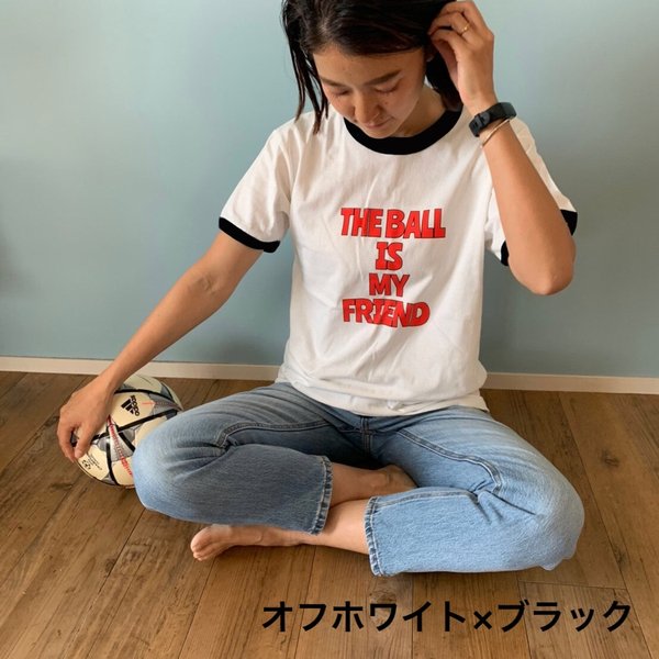 The ball is my friend リンガーTシャツ　オフホワイト×ブラック