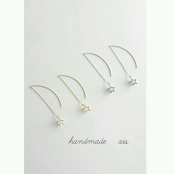 ✰*ﾟ一粒パール×星✰*ﾟアメリカンフックピアス/ゴールド、シルバー