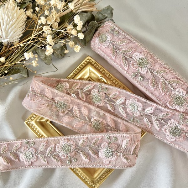 50cm  インド刺繍リボン  チュール　花柄  ピンク