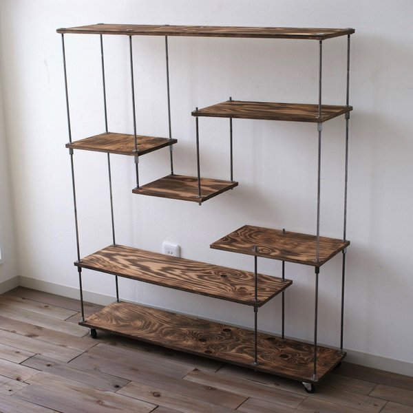 【即納】wood iron shelf 1040*910*225（アイアン 棚 シェルフ ウッド 鉄 木 収納棚 アンティーク オープンラック 両面棚 段違い棚 観葉植物）