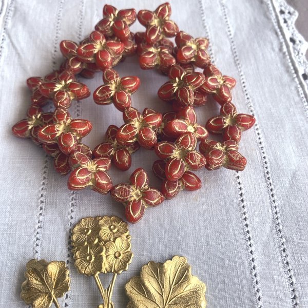 【2コセット】JIRI＊IVANA#czech beads#チェコビーズ　flowerlily blooming red/bronze