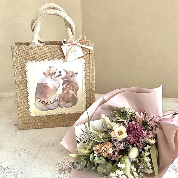 母の日ギフトに！　オーダーメイドのうちの子バッグ&ドライフラワー花束　セット　/ スマホ写真で作れる/フェミニンピンクかミモザイエロー選べる花束