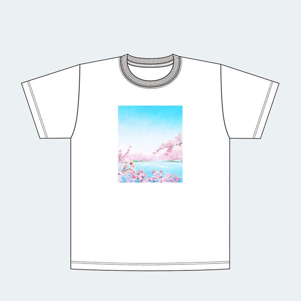 【春限定】満開の桜と、スワンボートが浮かぶ湖を描いた、Tシャツ