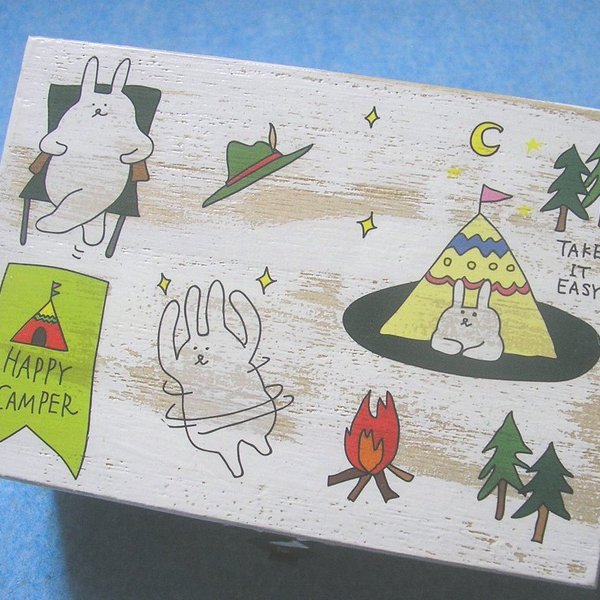 木製ジュエリーボックス ウサギたちのキャンプ　アウトドア　テント　キャンプファイア