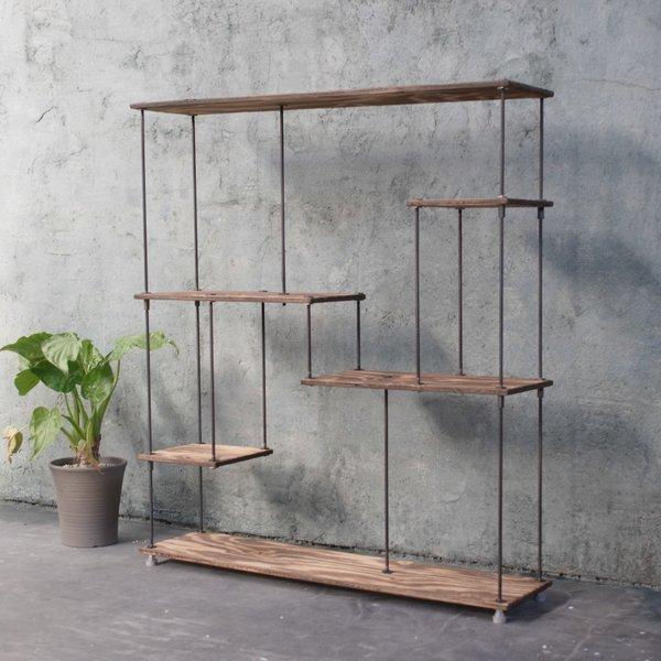 wood iron shelf 1040*910*225（アイアン 棚 シェルフ ウッド 鉄 木 収納棚 アンティーク オープンラック 両面棚 段違い棚 観葉植物）