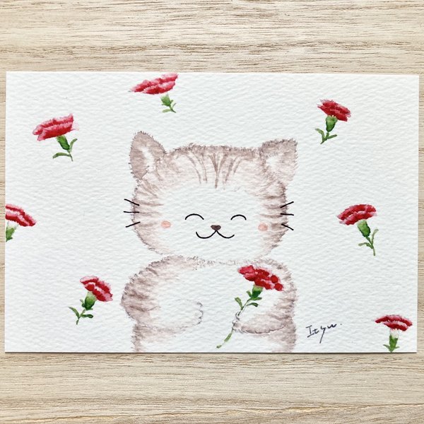 透明水彩画　母の日 「ママありがとう」イラストポストカード２枚セット 母の日カード 母の日　猫　ネコ　ねこ　カーネーション　花