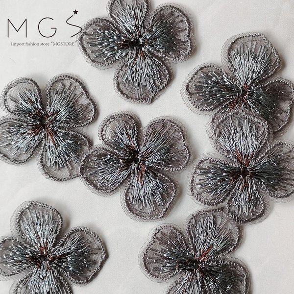 【4個】32ｍｍ ミニサイズ 刺繍 お花 フラワー オーガンジー グレー P0085-gr