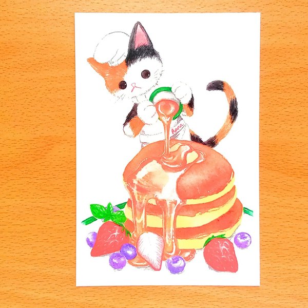 フルーツいっぱい三毛猫パンケーキ！(選べるポストカード２枚組)　　