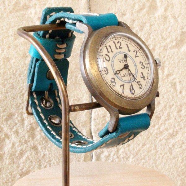 手作り腕時計　Via Latina(レトロBlue & Blue)   --- アンティークでシンプルな男性、女性兼用腕時計。ベルトは牛革を使用。