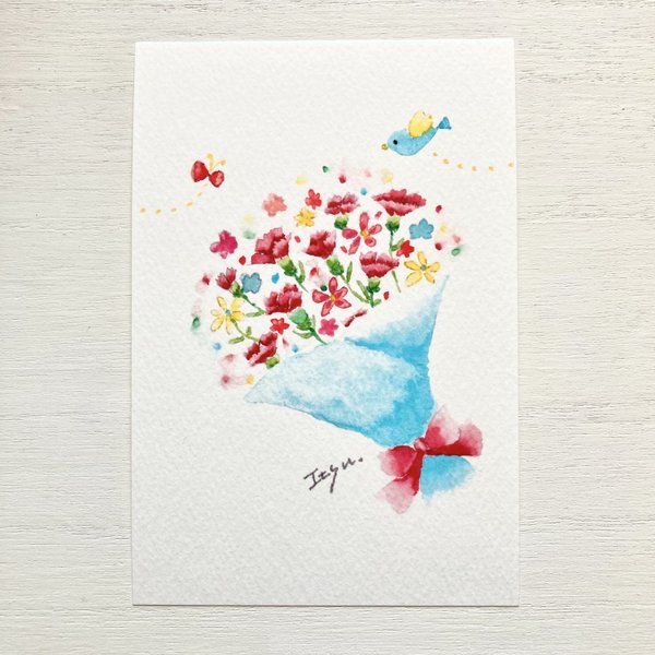 透明水彩画　母の日 「カーネーションの花束 」イラストポストカード２枚セット 母の日カード 花　鳥　ちょうちょ　メッセージカード　バースデーカード