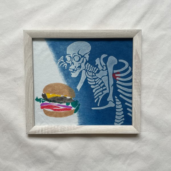 送料無料 藍染アート フレーム付き  " LOVE Burger " 型摺り染 幽霊 骸骨 ハンバーガー 浮世絵