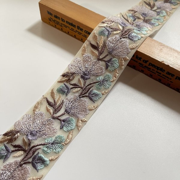 約5cm幅/刺繍リボン/カラーチュール/ライトパープル＆ライトブルー/花刺繍　(
