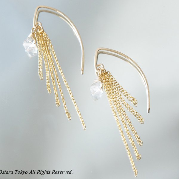 【14KGF/Tiny】Leaf Hook Fringe Earrings, -NY Herkimerdiamond-