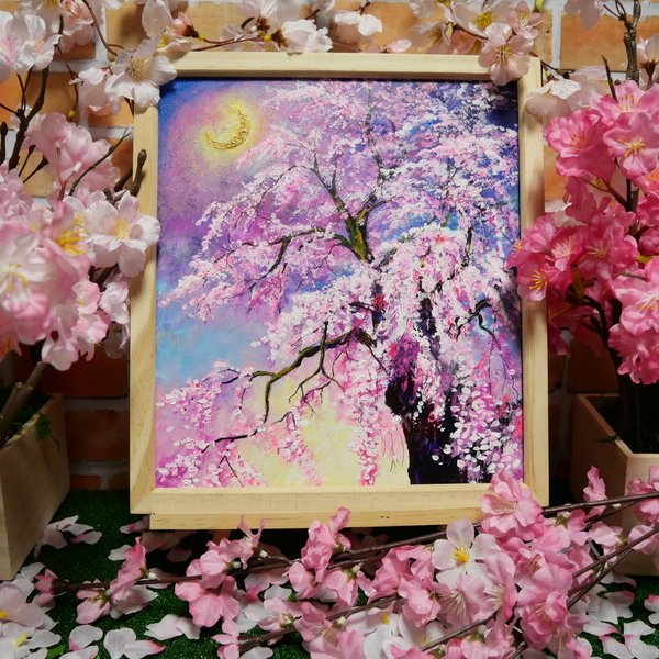 油絵 絵画 【三日月の桜】