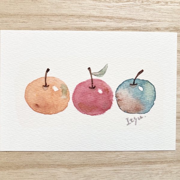 🍎透明水彩画「ほっこりりんご」北欧イラストポストカード 2枚セット リンゴ フルーツ 🍎