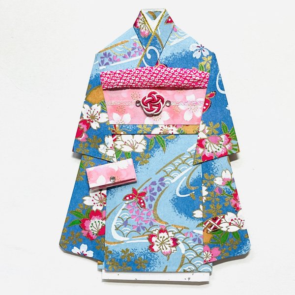着物のポチ袋2095 QUOカードサイズ 水色地　桜　扇子　流水　蝶