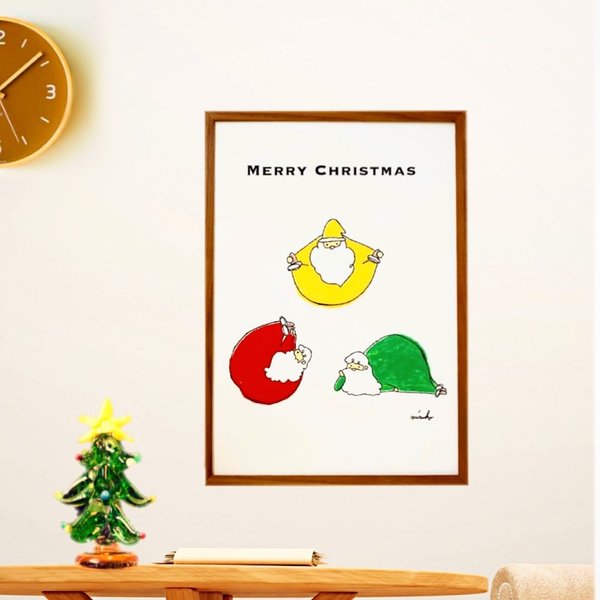  【クリスマスポスター】【クリスマス】ゴロゴロ3色サンタのクリスマス＊インテリア＊アートポスター＊A4