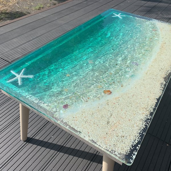 センターテーブル エメラルドグリーンムーンビーチ  波打ち際のシェルやスターフィッシュ 海 砂浜 サンゴ  机　デスク　table  Sea