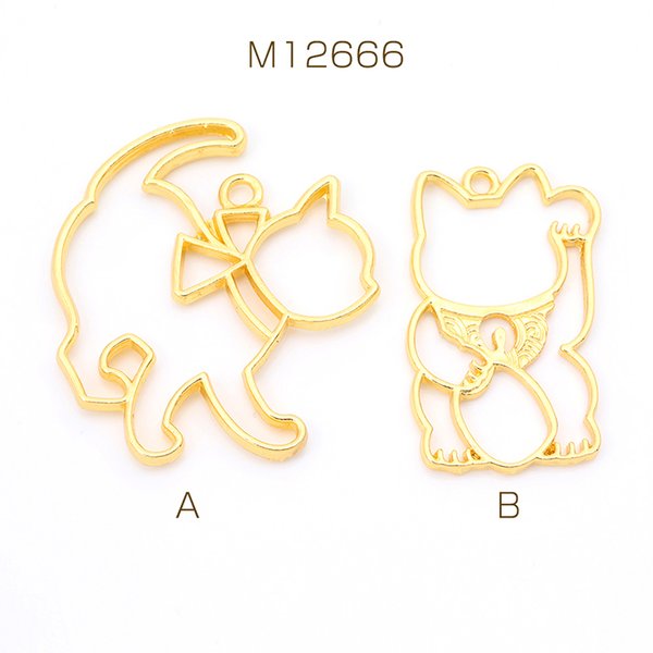 M12666-A  6個 レジンフレームチャーム 猫 まねき猫 カン付き ゴールド  3×（2ヶ）