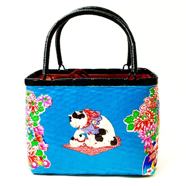  一閑張りバッグ中袋付き　『猫と花シリーズ　青』　浮世絵仕上げ