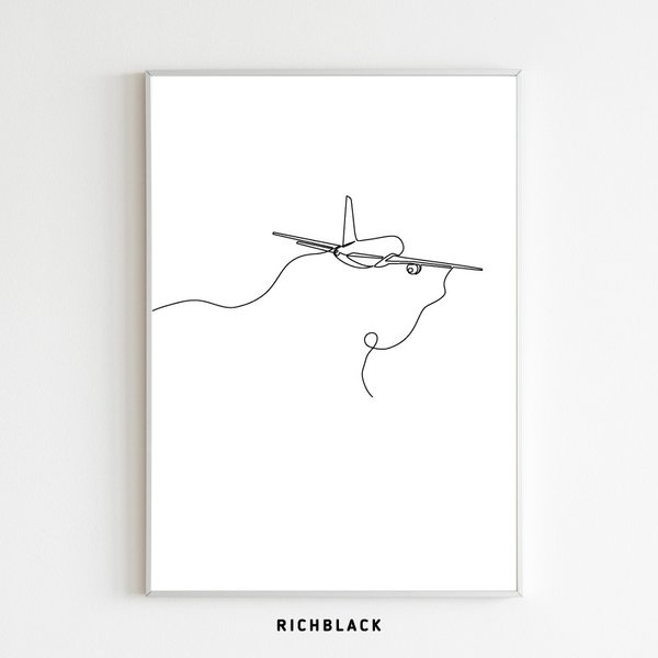 線画 モノトーン ポスター A3 サイズ "飛行機" 一筆書き 抽象画 ウェルカム 玄関 北欧 北欧風 韓国 アートポスター シンプル モノクロ 白黒 インテリア アート 子供部屋