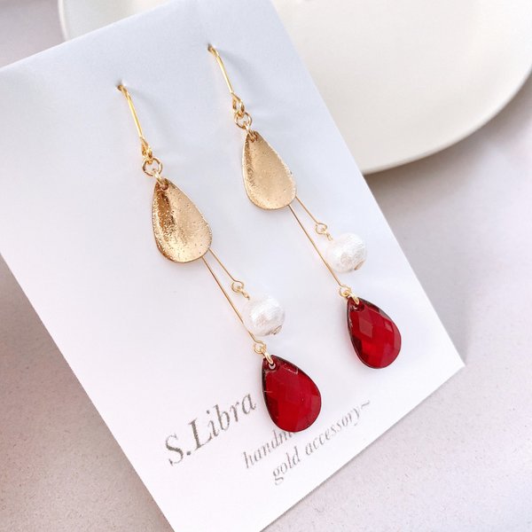 Ruby red*ボルドーレッドドロップロングピアス イヤリング   