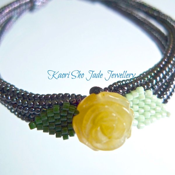 ブレスレット／Yellow Honey Jade Rose ／Metallic Amethyst Gunmetal Glass Beads