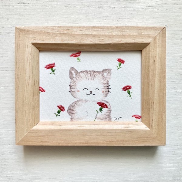 透明水彩画　母の日「ママありがとう」イラストミニ額 プチギフト 猫　ネコ　ねこ　母の日ギフト 母の日プレゼント　カーネーション