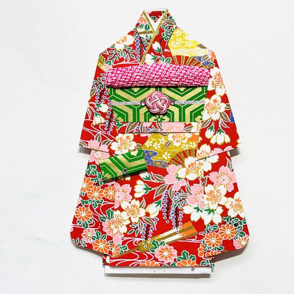 着物のポチ袋2093 QUOカードサイズ 赤地　桜　小菊　藤　扇子