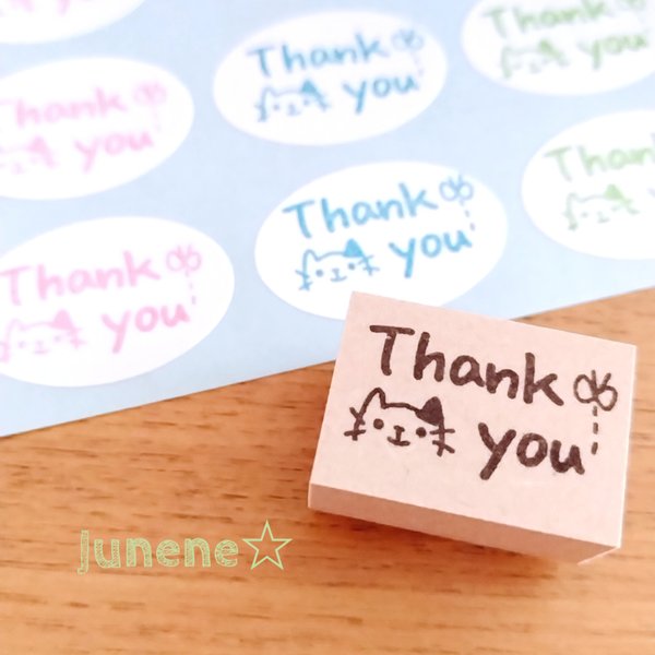 Thank you楕円シールはんこ(ぶちねことちょうちょ)