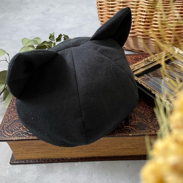 ハーフリネンのネコさんなベレー帽（ブラック）48～54cm【受注製作】